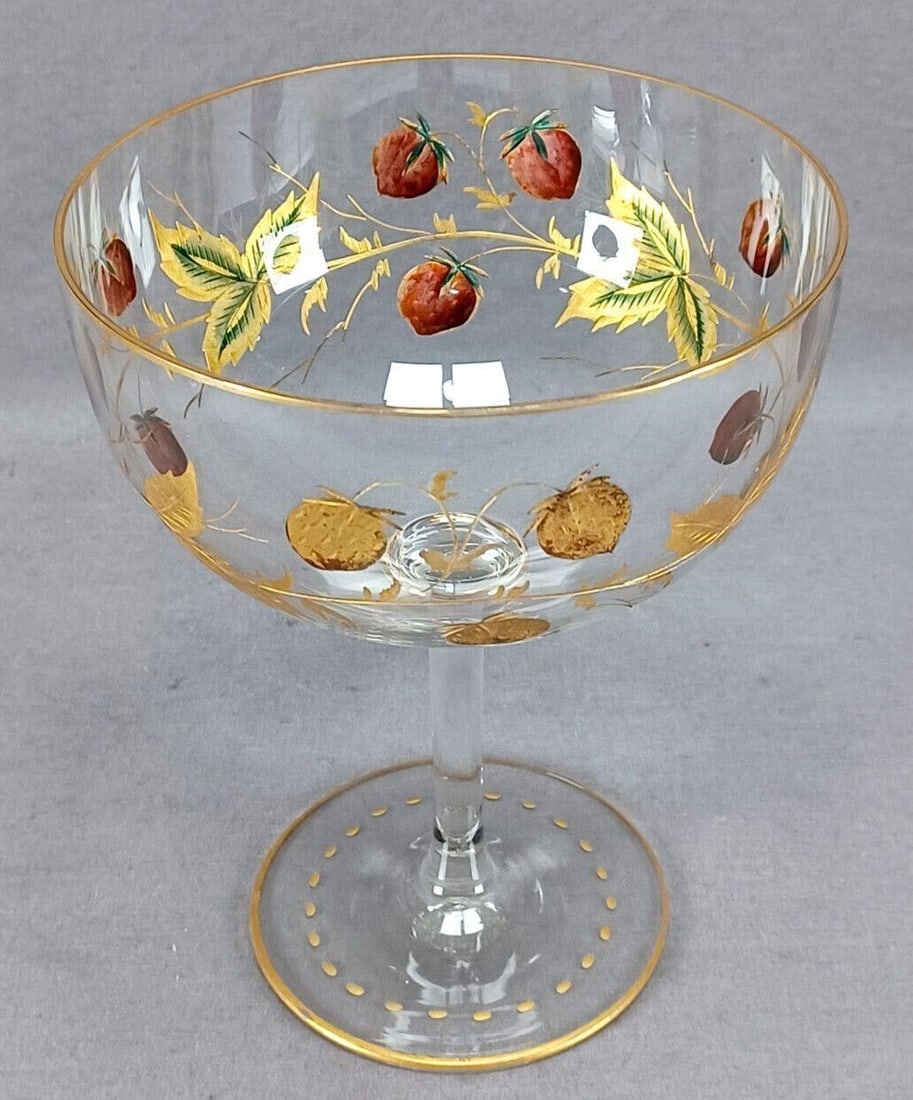 Fritz Heckert Glass Strawberries Compote A: Nice antique hand blown clear glass compote. With intaglio engraved strawberries to the bowl, enameled in red with gold gilt stem and green and gold leaves. Gold gilding along the rim. Unsigned. Proba
