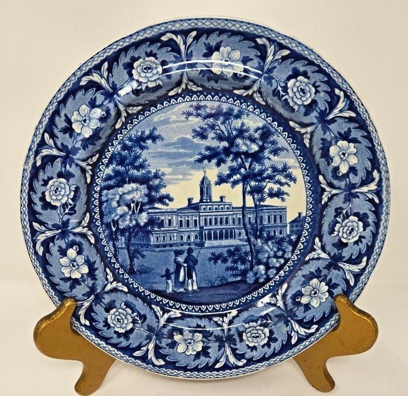 J & W Ridgway Plate - City Hall New York: Blue transferware plate manufactured by John & William Ridgway between 1813-1830. The pattern is City Hall of New York. It measures 9 3/4 inches in diameter. there are no chips or cracks. Crazing and