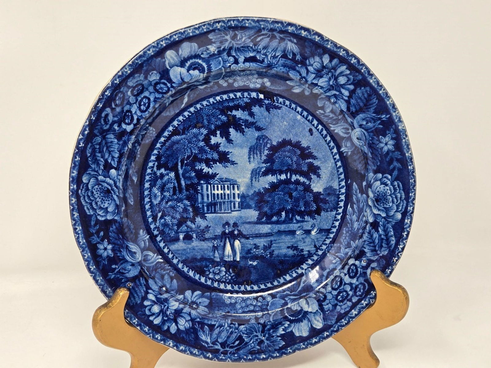 R. Halls Llanarth Court Transferware Plate 10": Ralph Hall & Co Llanarth Court Monmouthshire England blue transferware plate. Circa 1822 to 1849. Measures approximately 10 inches diameter. No chips or cracks. Light scratches from use and a few pots