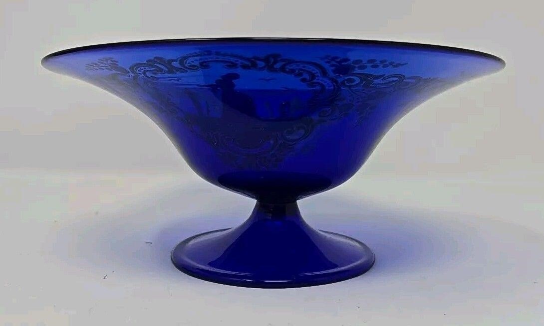 Venetian Cobalt Blue Enamel Hand Painted Compote: Venetian Cobalt blue glass compote pedestal bowl. Hand painted enamel design with a gentleman and a lady. Mid to late 1800s. Measures 7 inch in diameter and 3 1/8 inch in height. No chips or