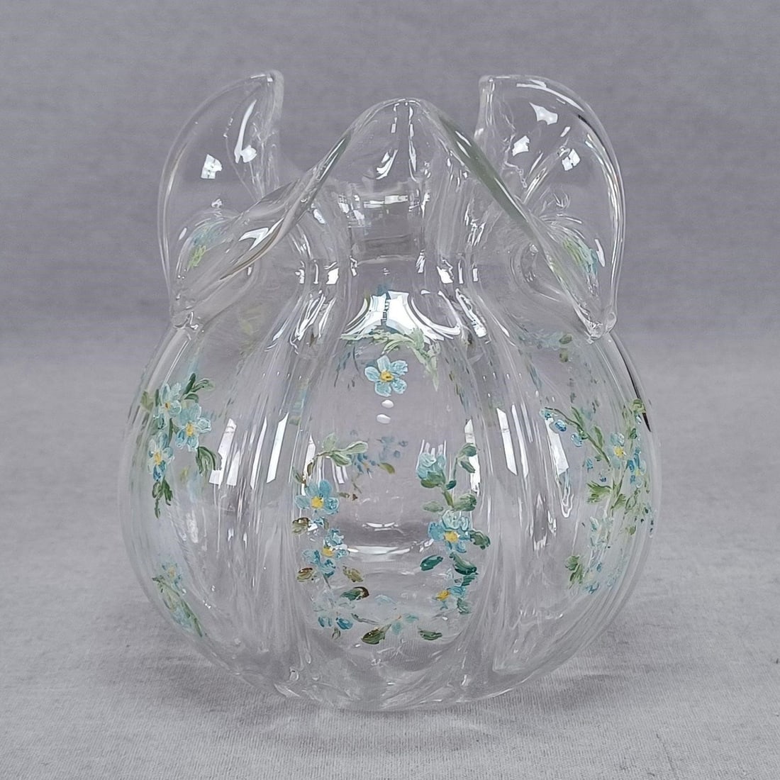 Legras Enameled Blue Forget Me Nots Glass Vase: Nice late 19th century clear pattern molded glass vase. With hand enameled blue forget me not decoration. Ground and polished pontiled base. Probably Legras.Has some wear to the enamel, but otherwise
