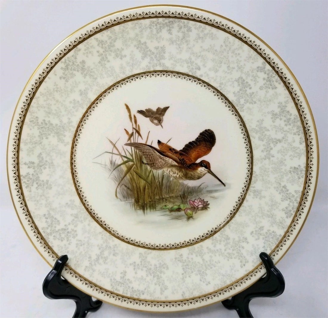 Royal Worcester Porcelain Plate with Birds c.1888: Beautifully decorated Royal Worcester porcelain dinner plate with two birds, possibly Kingfishers. The plate measures 9 inches across and the Z date code dates it to 1888. There are no chips or cracks