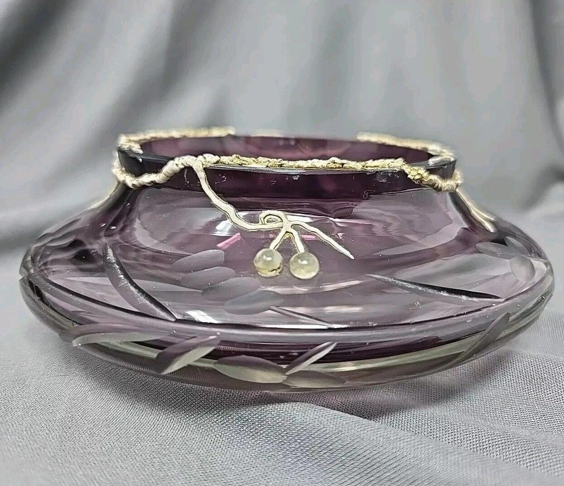 Intaglio Amethyst Low Vase Glass Vine Moonstone: Antique Moser style amethyst fades to clear glass vase Bohemian Intaglio cut . Very unique piece with enameled vine and attached moonstone like berries. Measure approximately 2 inches tall and 6 inche