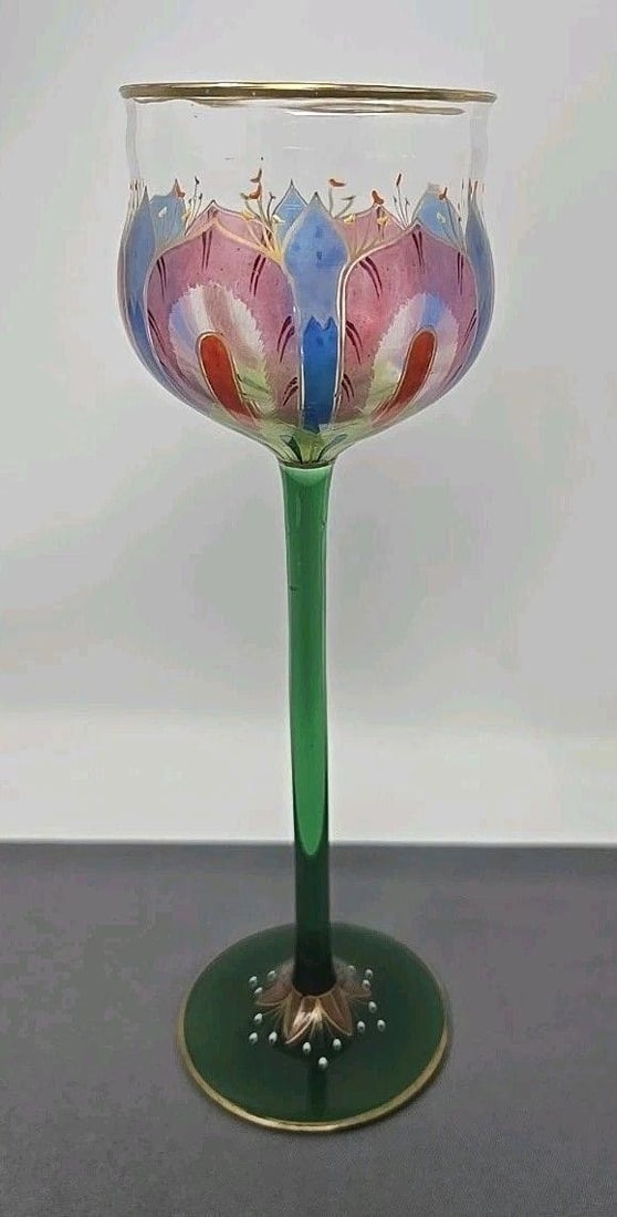 Myer's Neffe Jugenstil Art Nouveau Hock Wine: Myer's Neffe Jugenstil Art Nouveau green stem hock wine. Hand painted with enamel to look like the whole flower from the top. Measures approximately 8 3/4 inches tall and 2 3/8 inches diameter. No chi