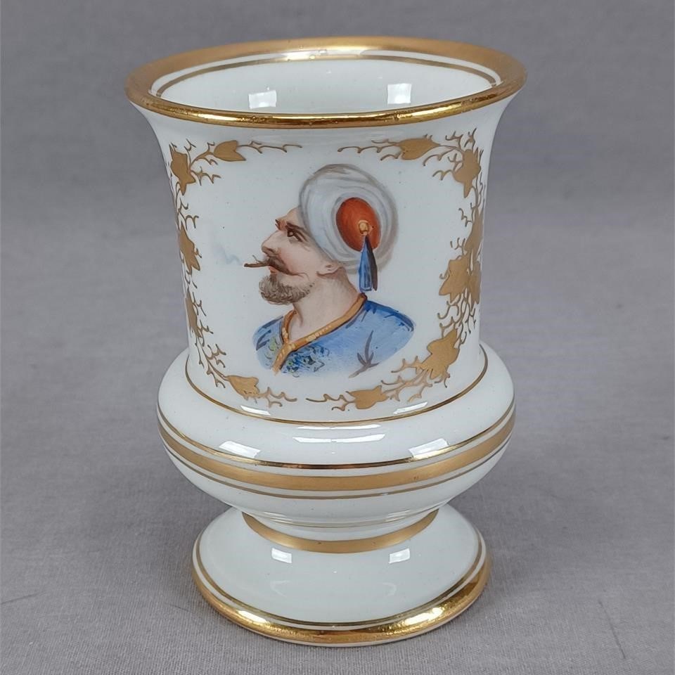 Old Paris Hand Painted Ottoman Portrait Spill Vase: Antique 19th century Old Paris / Vieux Paris porcelain spill vase. Decorated with a hand painted Ottoman man framed by gold leaves. With gold gilding along the rim and gold bands. Unmarked.Has some we
