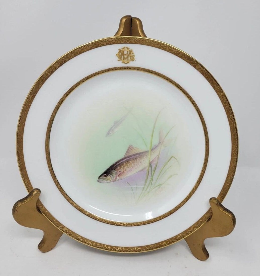 LENOX Hand Painted Fish Plate Brook Trout: Lenox hand painted fish luncheon plate. Artist signed by W. H. Morley, a prominent Lenox artist. Very nicely done brook trout fish painting on plate. Retailed by Baily Banks & Biddle of Philadelphia.