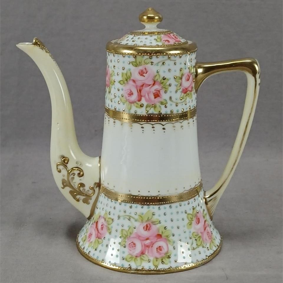 Nippon Pink Roses Turquoise & Gold Demitasse Pot: Antique Japanese porcelain demitasse pot. Decorated with hand painted pink roses, turquoise beads, and gold beads. With gold highlights to the handle and gold scrollwork and beaded to the spout. Marke