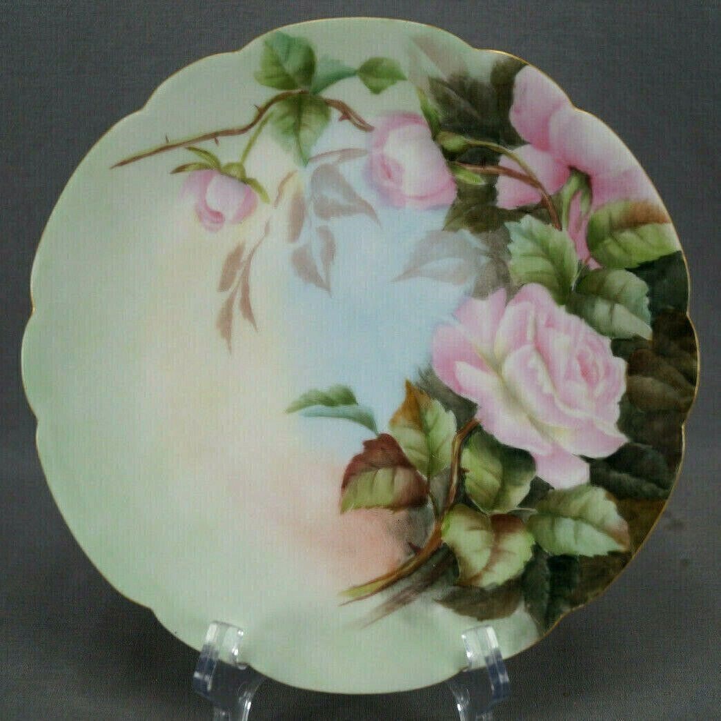 MR Limoges Hand Painted Pink Roses 8 1/2" Plate B: Nice scalloped edge porcelain plate. Decorated with hand painted pink roses over a green, blue, yellow, and peach background. With gold gilding along the edge. Marked on the reverse MR Limgoes France.