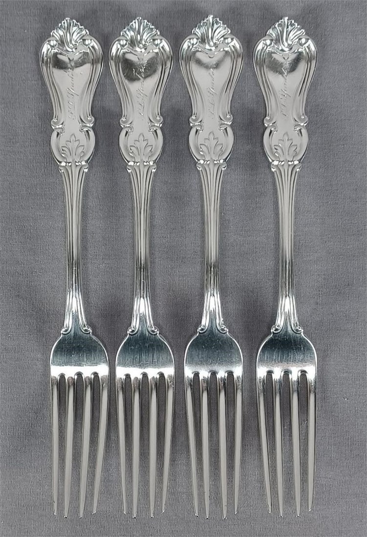 Set of 4 William Wilson White NY Coin Silver Forks: Set of 4 William Wilson White New York NY Engraved Spader Forks Circa 1826-1857Set of 4 antique American coin silver spoon. Engraved S L Spader on the front of the handle. Hallmarks for William Wilson