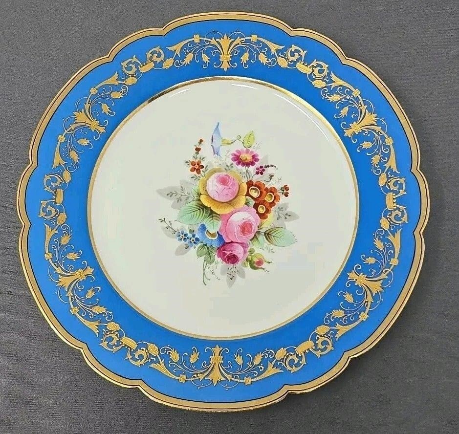 Sevres Style Floral Blue Raised Gold Border plate (1 of 10)