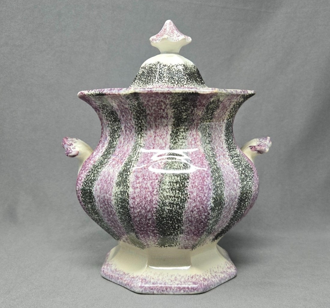 Spatter / Spongeware Sugar Bowl C.1840s: Large Spatterware / spongeware sugar bowl with impressed marked John and George Alcock of Cobridge Pottery in England and Oriental from 1839 to 1848. Purple and black coloration. There is an older chi