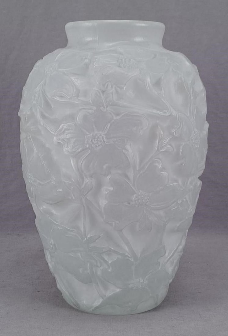 Phoenix Consolidated Wild Rose 10 5/8" Vase: Vintage Phoenix Consolidated frosted glass vase in the Wild Rose pattern. Unsigned.Has some small flakes along the opening from the manufacturing process, but otherwise good condition.Measures approxi