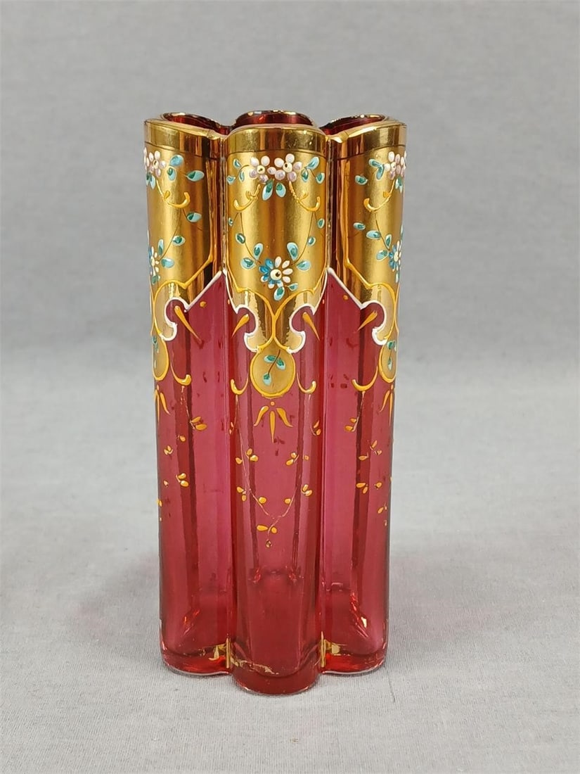 Antique Bohemian Floral Gold Cranberry 5 1/8" Vase (1 of 12)