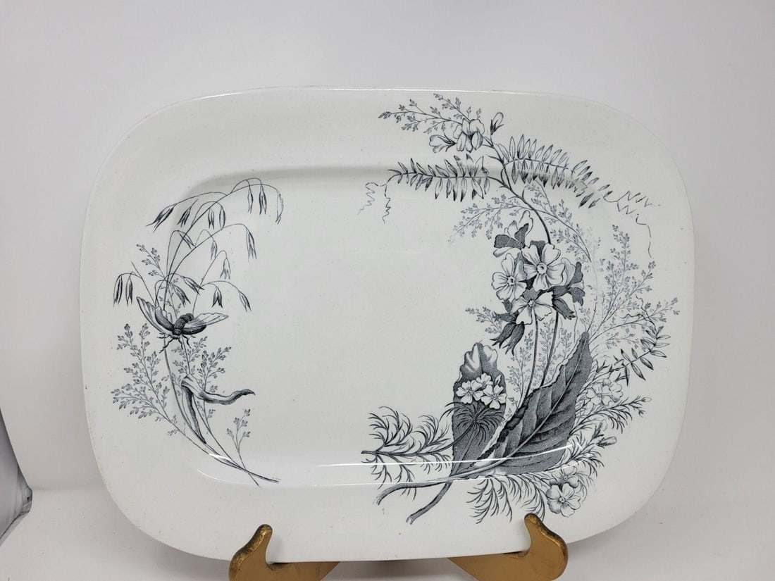 Ashworth Brothers Aesthetic Transferware Platter: G L Ashworth & Brothers ironstone platter with Floral and bee design. Staffordshire transferware in the aesthetic style. Impressed Mark on back, circa 1870. Two small chips (rough spots) on edge and n