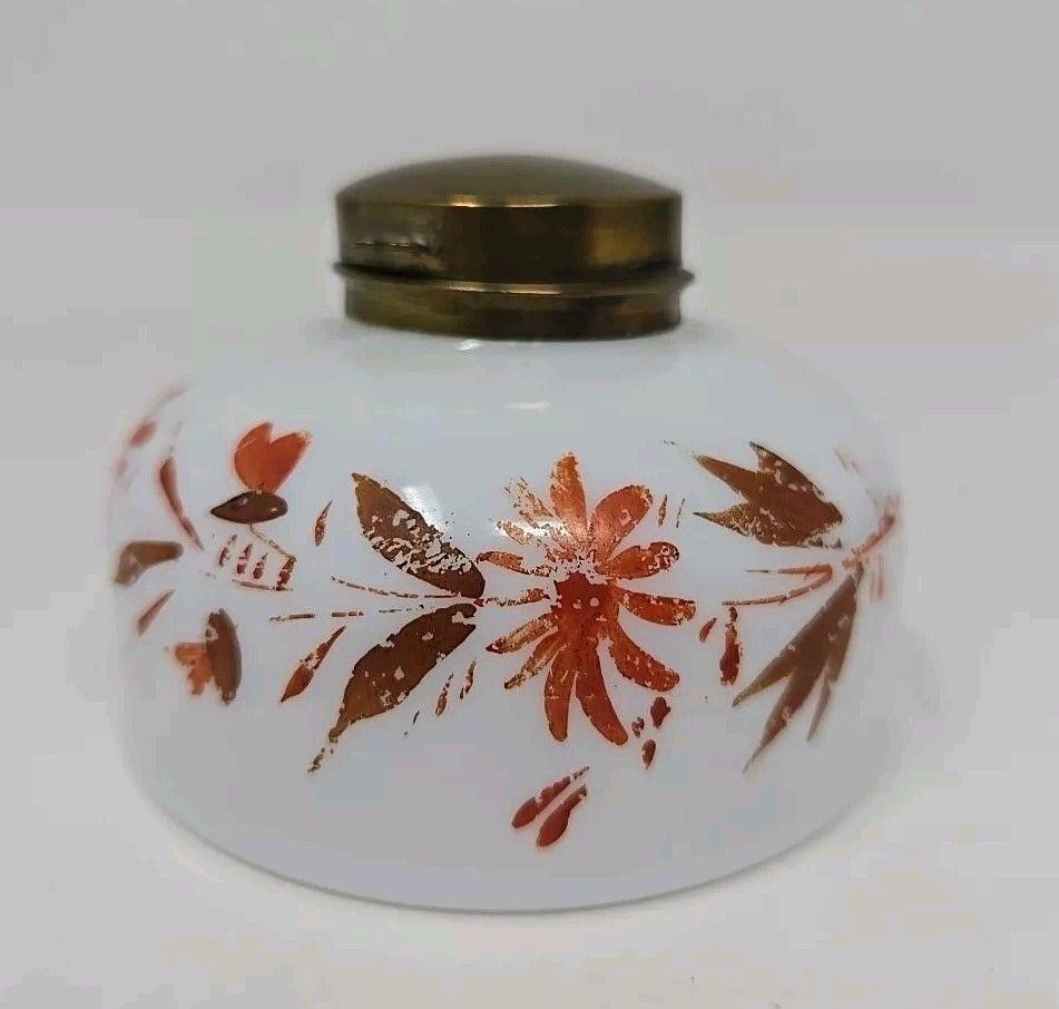 Antique Bohemian Milk Glass Inkwell LATE 1800s: White milk glass with painted flowers Bohemian inkwell from the late 19th century. Measures approximately 3 inches wide and 2 inches tall. There are no chips or cracks, the paint is worn.We can offer