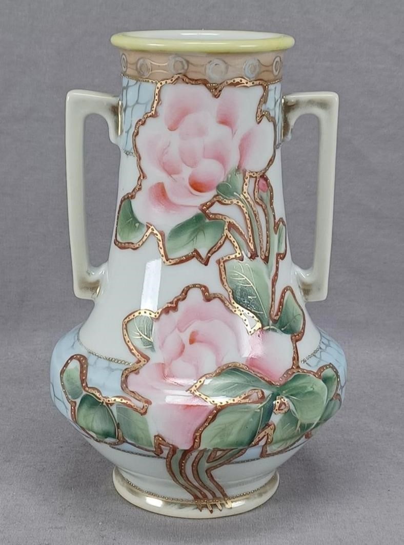 Nippon Pink Rose Blue & Gold 7 1/8 Inch Vase (1 of 11)