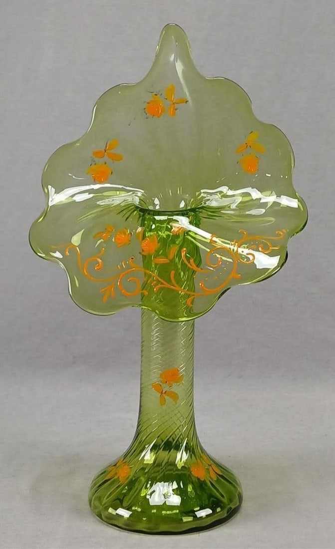 Antique Enameled Roses Jack in the Pulpit Vase: Antique late 19th century blown optic molded swirl pattern green glass jack in the pulpit vase. Decorated with orange and gold enamel roses and scrollwork. Ground and polished pontiled base. Probably