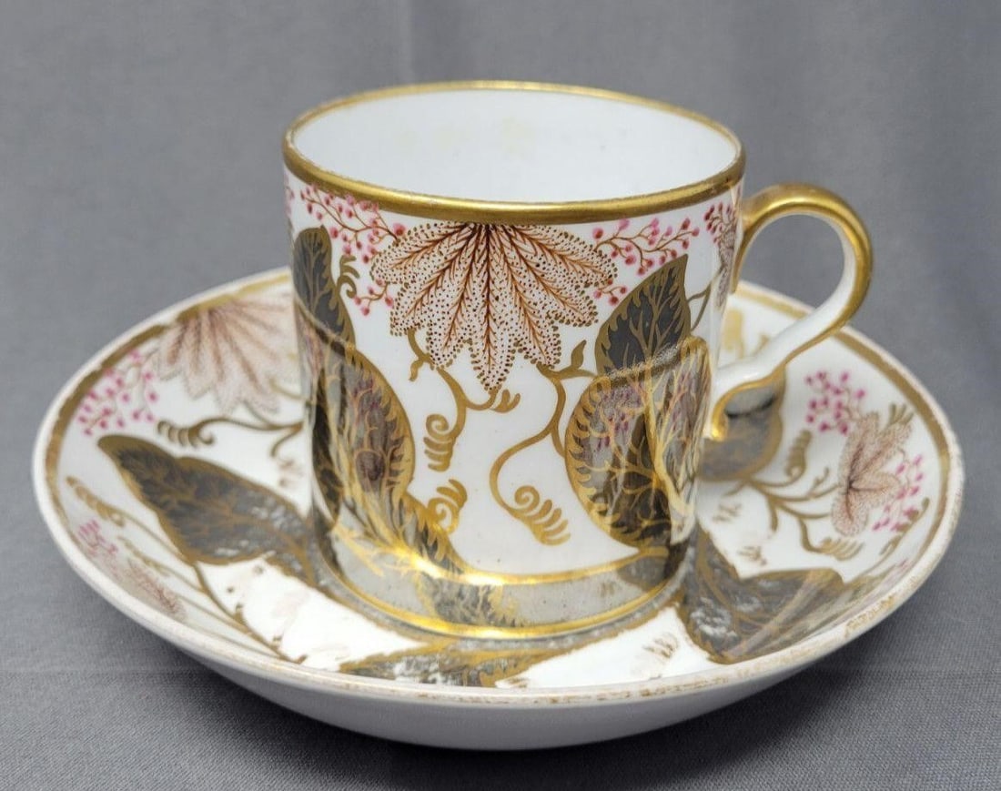 Spode Coffee Can / Cup & Saucer Porcelain c1810s: Antique early Spode porcelain cup and saucer. Coffee can and bowl saucer. C. 1810. The cup measures approximately 2 1/2 inches tall and wide. The saucer is 5 1/4 by 1 inch tall. No chips or cracks. We