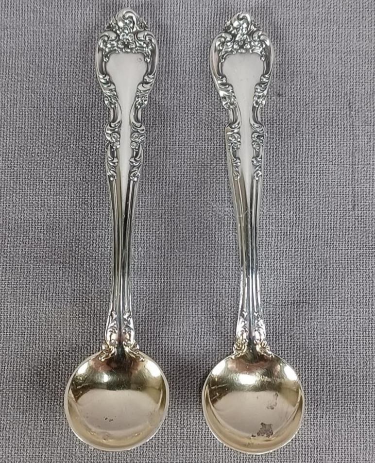 Pair of Gorham Melrose Sterling Silver Salt Spoons: Pair of vintage sterling silver salt spoons in the Melrose Pattern. Gold washed bowl. Marked Gorham Sterling on the back of the handle.Has some wear and tarnish, but otherwise good condition.Measures