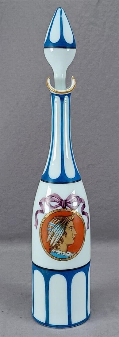 Harrach Enameled Neoclassical Portrait Decanter: Nice antique mid 19th century Bohemian hand blown white opaline glass decanter. Has a central Neoclassical medallion with a purple ribbon above and blue enameled panel design above and below the medal