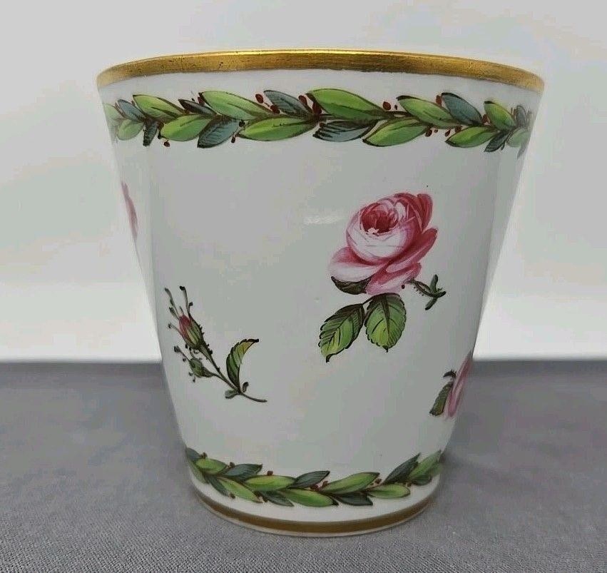 Sevres Beaker Green Laurel, Roses C. 1760: Antique Sevres beaker. Green laurel with pink roses pattern and gold gilt edge. Circa 1760. It has a decorator mark of 2000 for Vincent II, Henry Francois, who was a decorator for Sevres from 1753 to