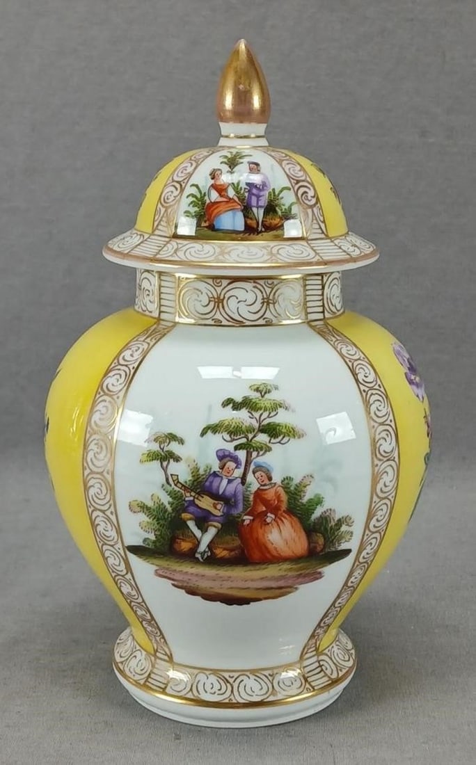 Antique Dresden Watteau Yellow & Gold 7 7/8" Jar: Nice antique German porcelain jar / urn. Decorated in alternating panels with hand painted Dresden flowers over yellow and scenes with hand painted Watteau scenes / courting couples. Each panel is fra
