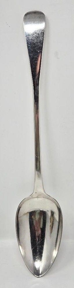 Georgian Sterling Stuffing Spoon S & J Blake: Georgian period sterling stuffing spoon made by Sarah and John Blake (SB over IB) of London. The spoon dates to 1817 and has no monogram. It measures approximately 12 inches in length and weighs 5 oun