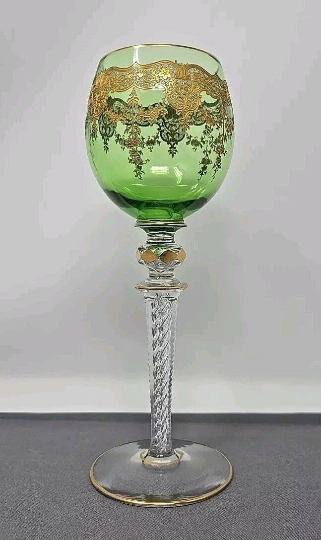 St. Louis Gold Gilt Air Twist Stem Green Hock Wine: Antique St. Louis gold engraved air twist stem green and clear hock wine. Circa 19th Century. No without chips or damage. The gold trim is in very nice condition. There is a twist inside the faceted s