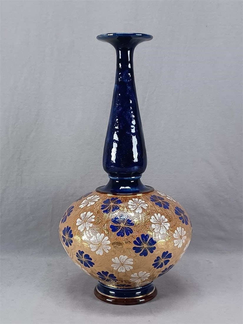 Doulton Slater's Patent Cobalt Floral 15 1/2" Vase: Nice antique British stoneware vase in cobalt and beige. With hand enameled cobalt and white flowers with gold highlights. Marked Doulton & Slaters Patent on the base. This was a process which involve