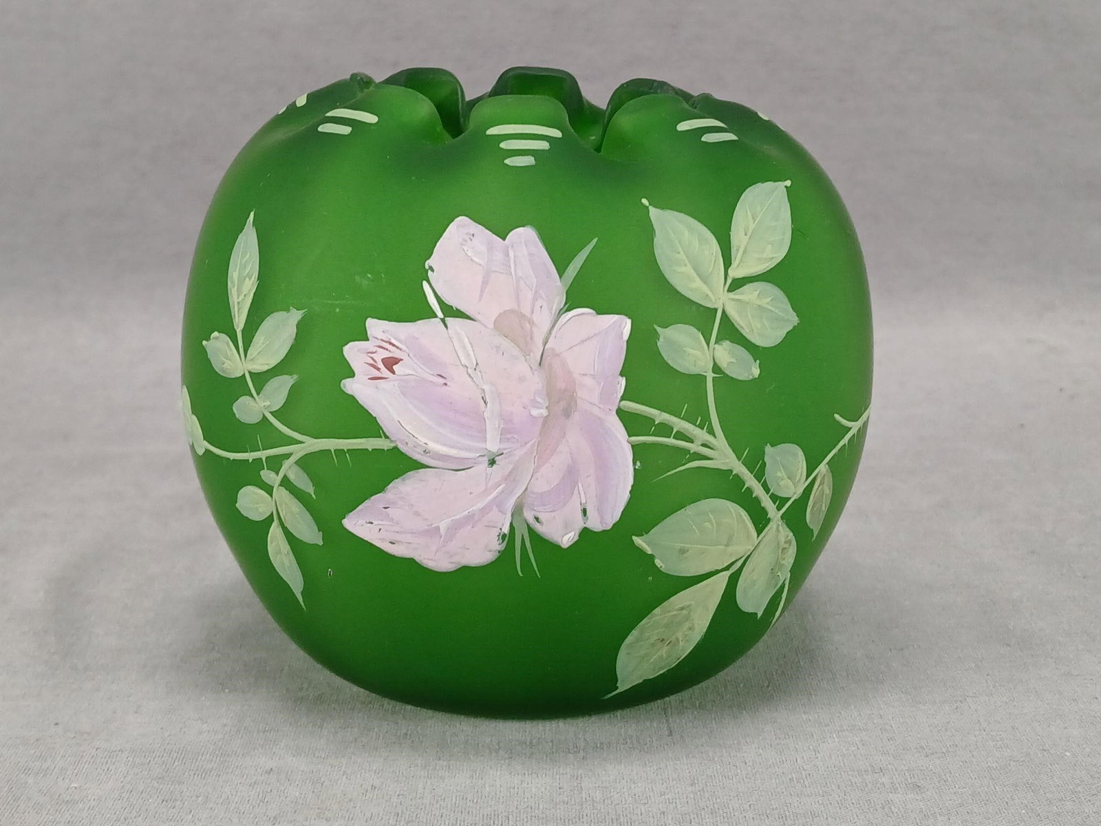 Carl Goldberg Enameled Rose Satin Glass Rose Bowl: Nice antique hand blown green satin glass rose bowl with raised hand painted enamel pink rose pattern. Rough pontiled base. Unsigned. Decorated by Carl Goldberg in Haida. Circa 1900.Good condition.Mea