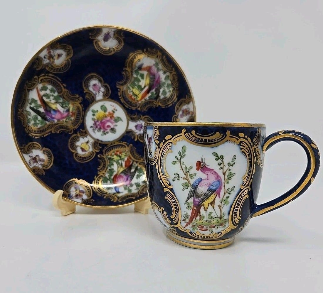 Dr. Wall Worcester Birds & Insects Cup & Saucer: Dr. Wall Worcester hand painted cup and saucer set. Colorful birds and insects with a gold gilt outline. Blue scale background. Very nice condition. Some loss of gold on edges. There is a possible old