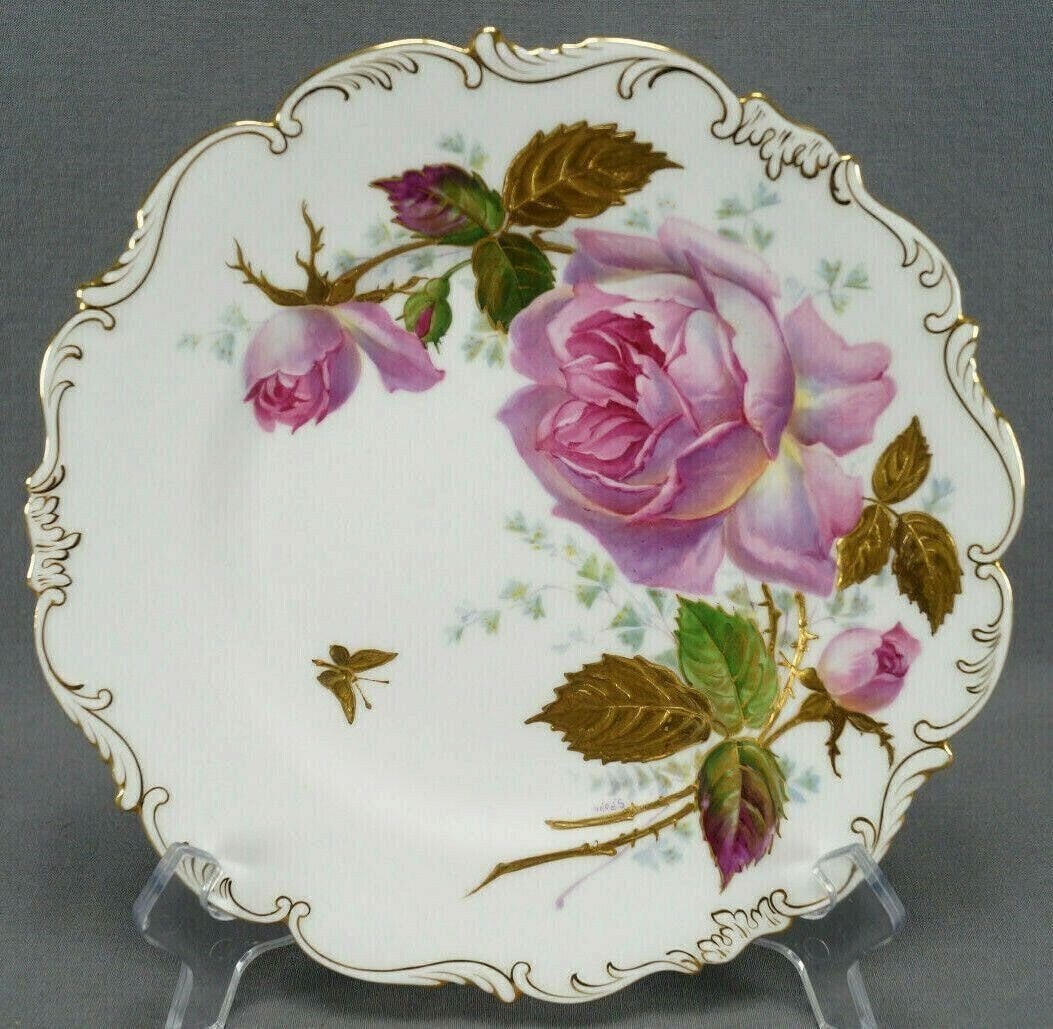 Brown Westhead Moore Hand Painted Pink Rose Plate: Nice beautiful antique bone china plate. Nicely decorated with large hand painted pink roses with green and pink leaves with gold highlights and raised gold leaves. Also has a small raised gold
