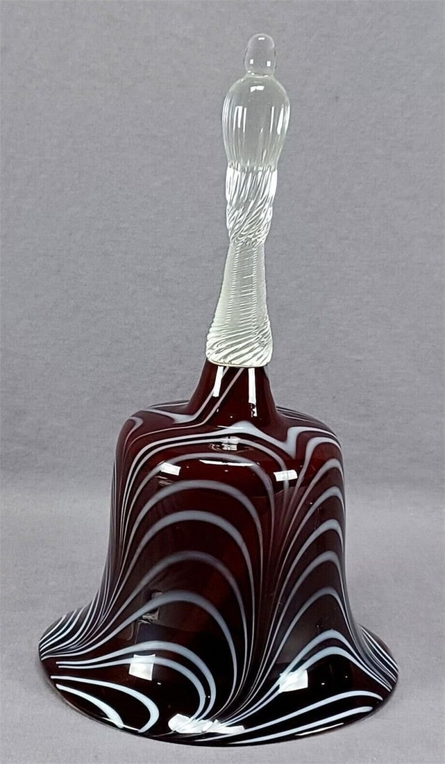 Victorian Purple Cranberry Marbrie Glass Bell: British Victorian hand blown purple cranberry with white marbrie loop wedding bell with clear twist swirled handle. Joined together with Plaster of Paris as typical of these style bells. Probably date