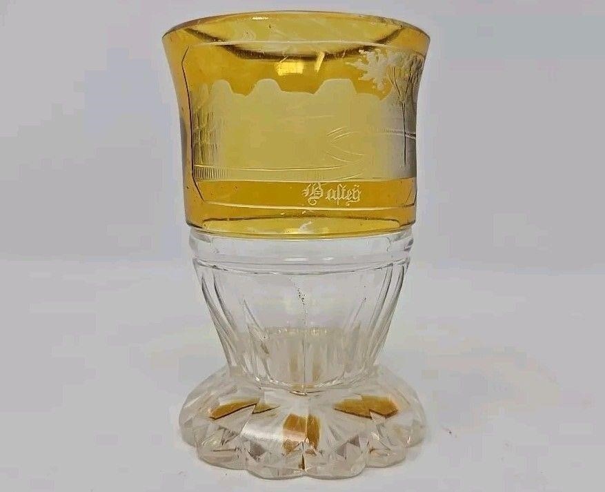 Amber Glass Bastei, Rock Formation Germany: Amber flashed souvenir small glass for Bastia Rock Formation in Germany. This became a restaurant destination in 1824, glass dates to 2nd 1/2 of 1800s. Engraved rock Formation and river picture on one