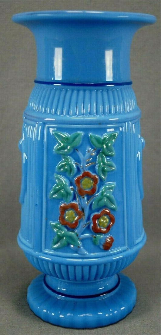 St Louis Bambous Et Bouquets Opaline Vase C.1890s: Rare late 19th century French molded blue opaline vase with flowers painted in red and yellow with green leaves and gold highlights to the stems on one side and red cherries with green leaves and