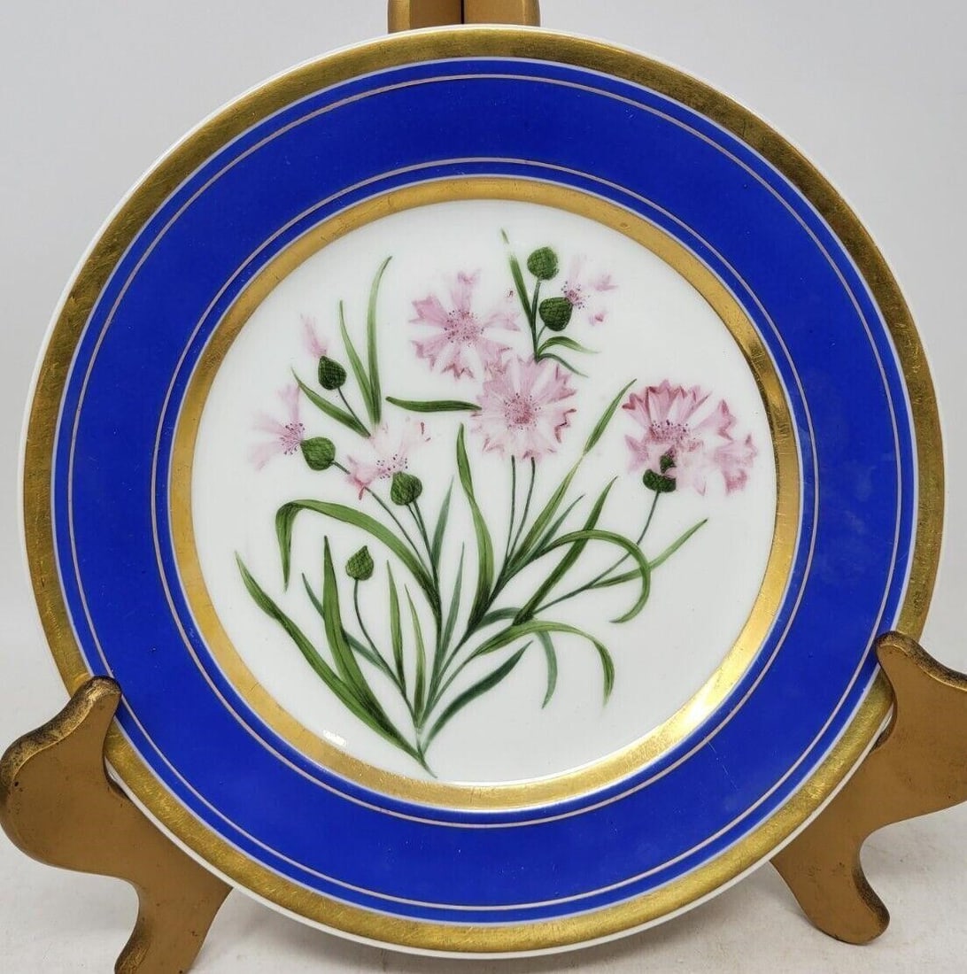 Neppel Old Paris Porcelain Plate Blue with Flowers: Neppel a Paris Old Paris Porcelain Salad / Dessert Plate - Blue with Flowers. Barbeau roae is on the back. The plate measures approximately 8 1/8 inches across. No chips or cracks.We can offer