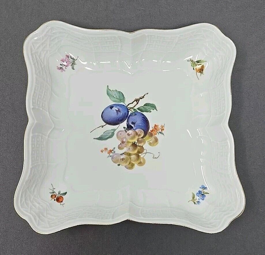 Meissen Fruit Square Serving Dish #2106 8" #2: Unused condition Meissen square serving dish with grapes and plums. Measures approximately 8 inches wide and 1 1/2 inches tall. No chips, cracks, or scratches. Circa 1924 to 1934. Has 2106 impressed o