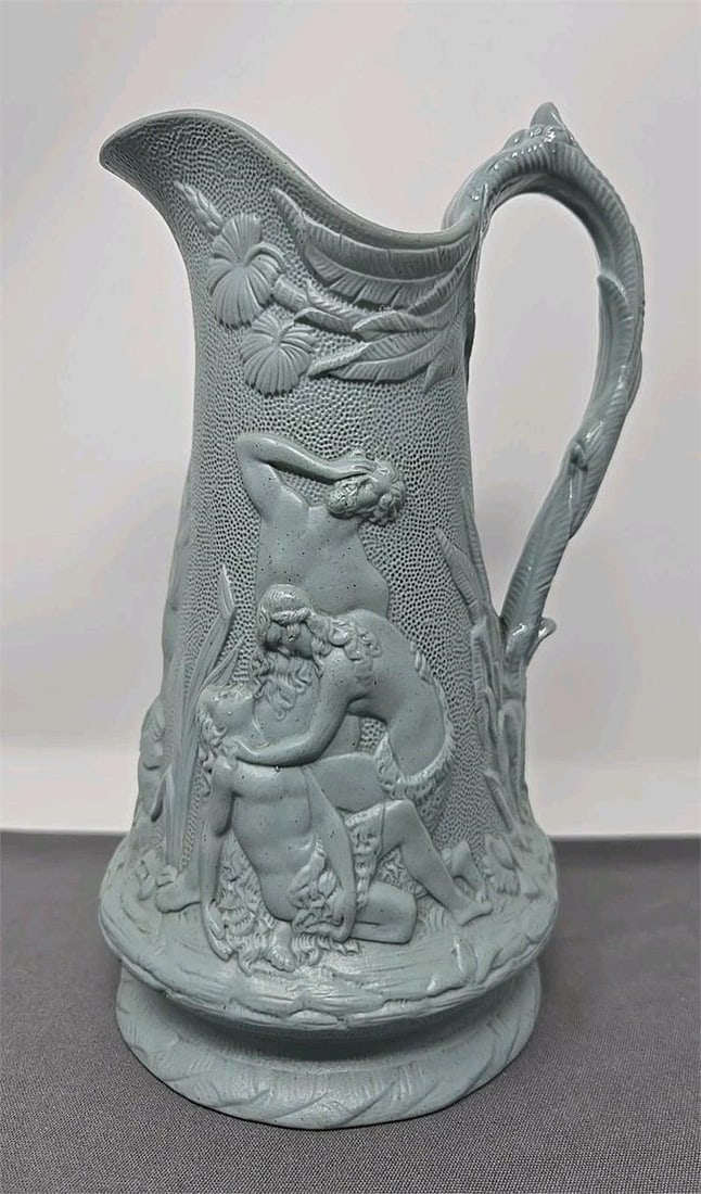 Staffordshire Death Of Abel Jug Mid Edward Walley: Antique Staffordshire Death of Abel Edward Walley Cobridge England jug. High relief molded. Measures approximately 7 7/8 inch tall and 4 1/8 inches wide. No chips or damage. There is an in-manufacturi