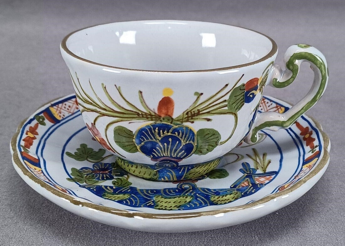 Italian Majolica Blue Carnation Tea Cup & Saucer (1 of 12)