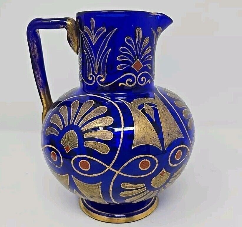 Antique Neoclassical Enameled Cobalt Blue Pitcher (1 of 12)