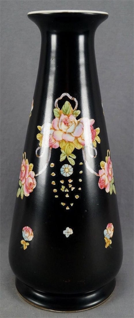 Crown Devon Pink Rose Black Faience 12" Vase (1 of 12)