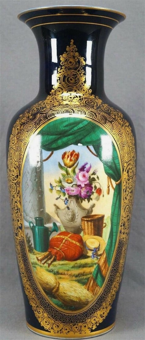 Old Paris Porcelain Hand Painted Cobalt 14" Vase: Large absolutely beautiful Old Paris porcelain vase. Cobalt blue and fancy gold scrollwork and floral gilding, with a hand painted scene of an Irish green tartan / plaid curtain , flowers in an urn ,