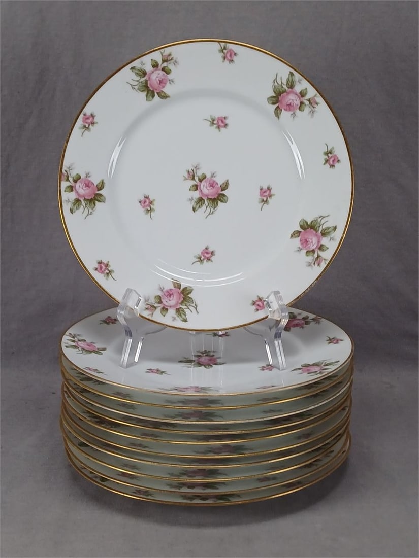 11 Limoges Pink Roses & Gold 8 5/8 Inch Plates: Set of 11 French porcelain plates. Decorated with large and small pink roses. With gold gilding along the edge. Marked on the bottom GDA France in green. This is a whiteware mark used by Gerard ,