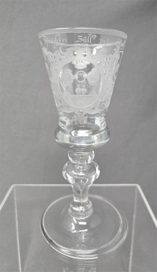 Early 18th C. Continental Engraved Marriage Glass: Early 18th century engraved friendship or marriage glass. Ver Sprengen Soll Man Nicht Brengen Loosely translates to "Don't put off till tomorrow what you can do today". It has a motif of two hands hol