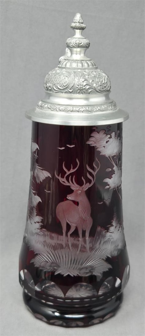 Signed Ludwigsthal Ruby Stein Etched Stag (1 of 11)