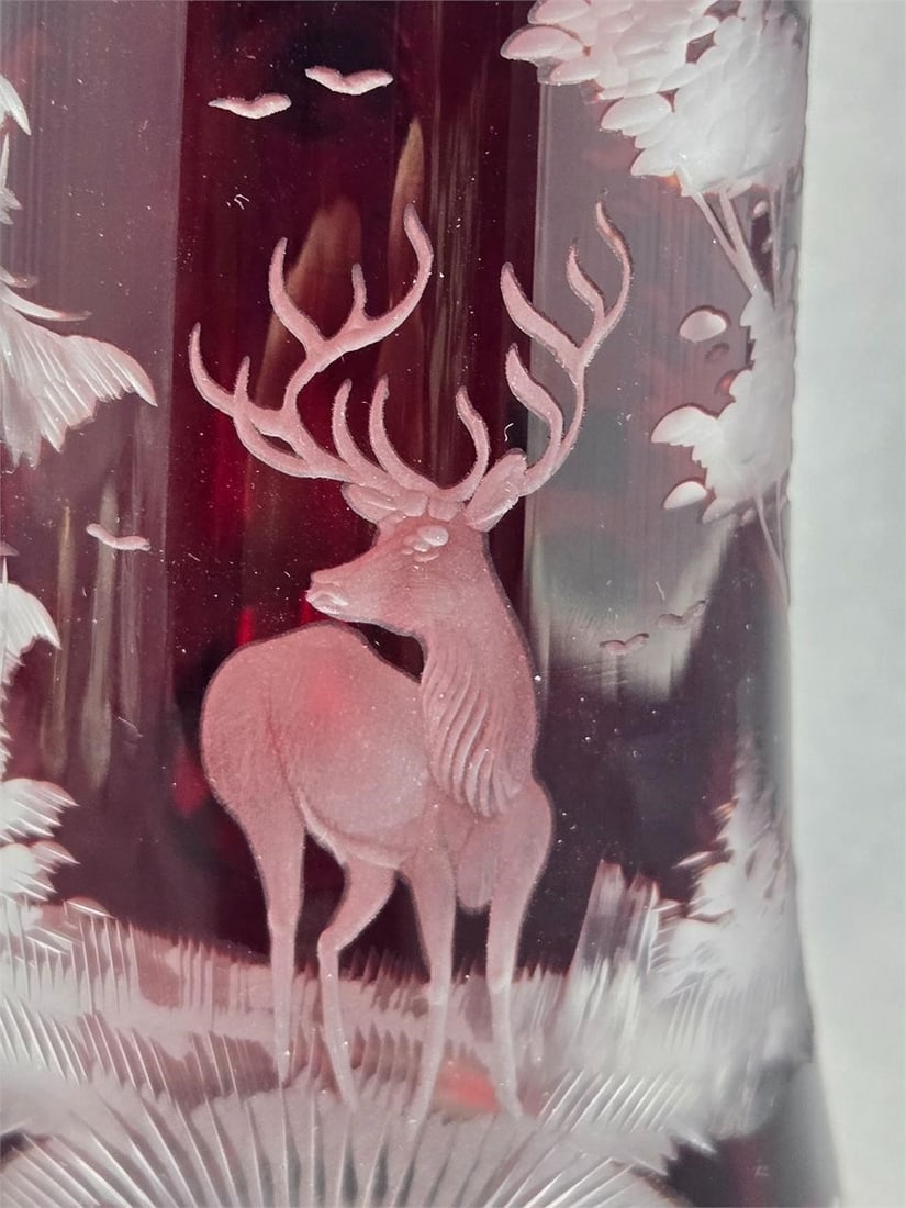 Signed Ludwigsthal Ruby Stein Etched Stag - 9
