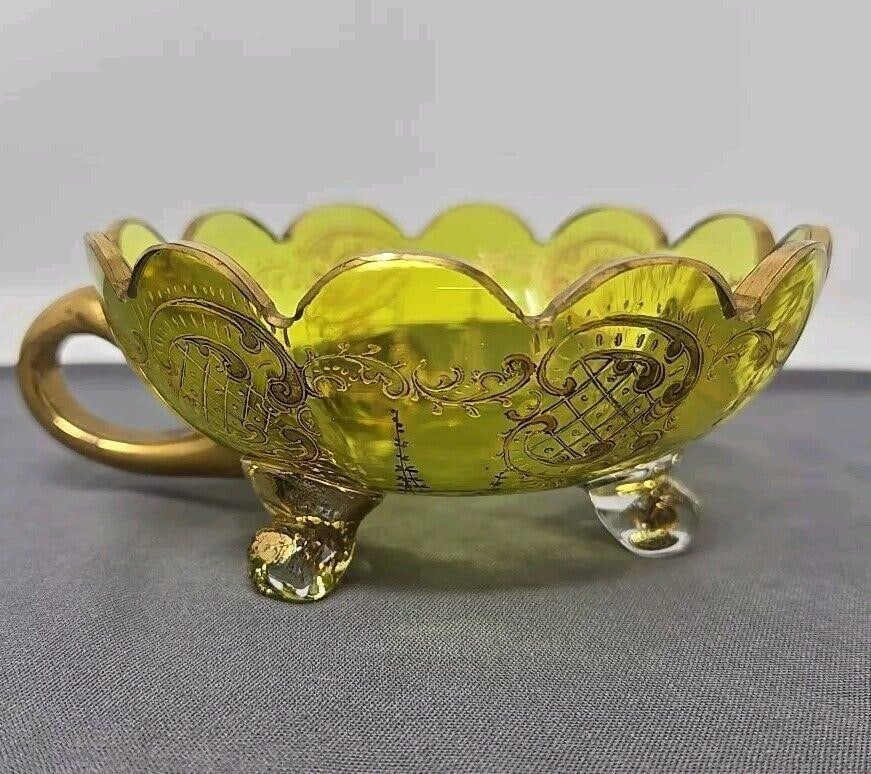 Moser Type Bohemian Raised Gold Chartreuse Nappy: Moser Type Bohemian Raised Gold Scrollwork Yellow Green Nappy Dish. Scalloped edges, cabriolet legs, and applied gilt glass handle. Measures approximately 4 1 /4 inches in diameter and 2 inches in hei