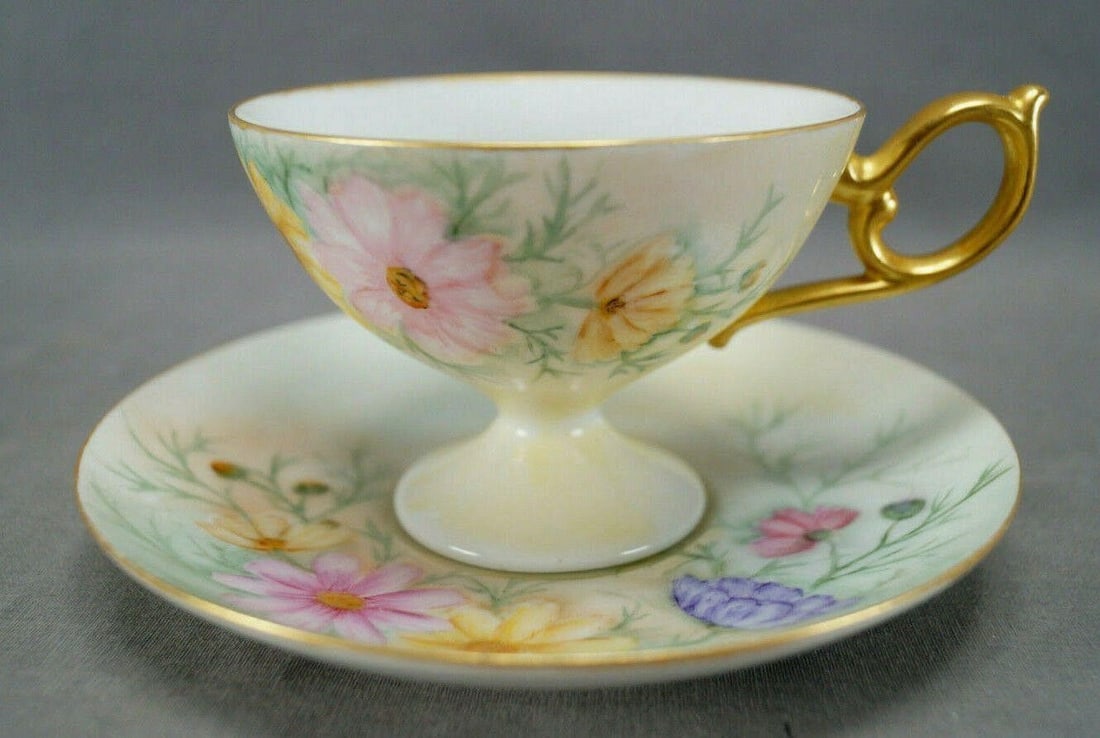 Hand Painted Floral Pedestal Tea Cup & Saucer (1 of 11)