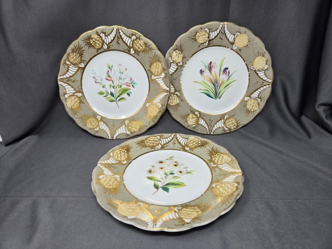 Set Of 3 Ridgway Hand Painted Floral Plates 9": Set of 3 Ridgway hand painted floral center, with cornucopia shaped design on the border, plates. They are unmarked with pattern number 3/462. Measures approximately 9 inches diameter. No chips or cra