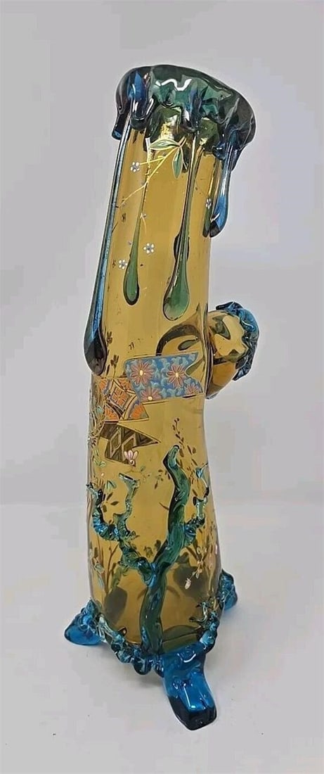 Harrach Enameled Glass Vase Amber & Blue C.1890 #2 (1 of 20)